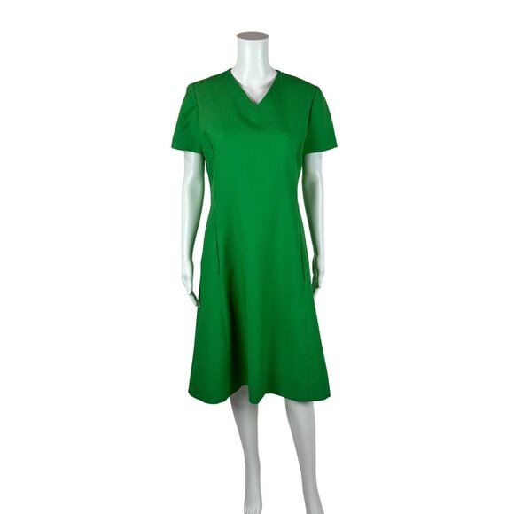 Vintage 70s Shift Dress Women's Large Solid Green V-Neck Belted Kangaroo Pockets - Picture 3 of 11